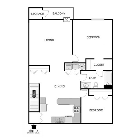 Floor plan for 2 beds, 1 bath, 790 sqft